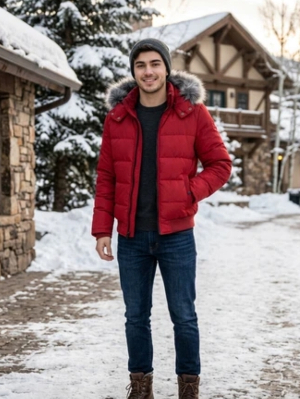 Tommy Hilfiger Red Down Puffer Jacket with Faux Fur Hood Size S